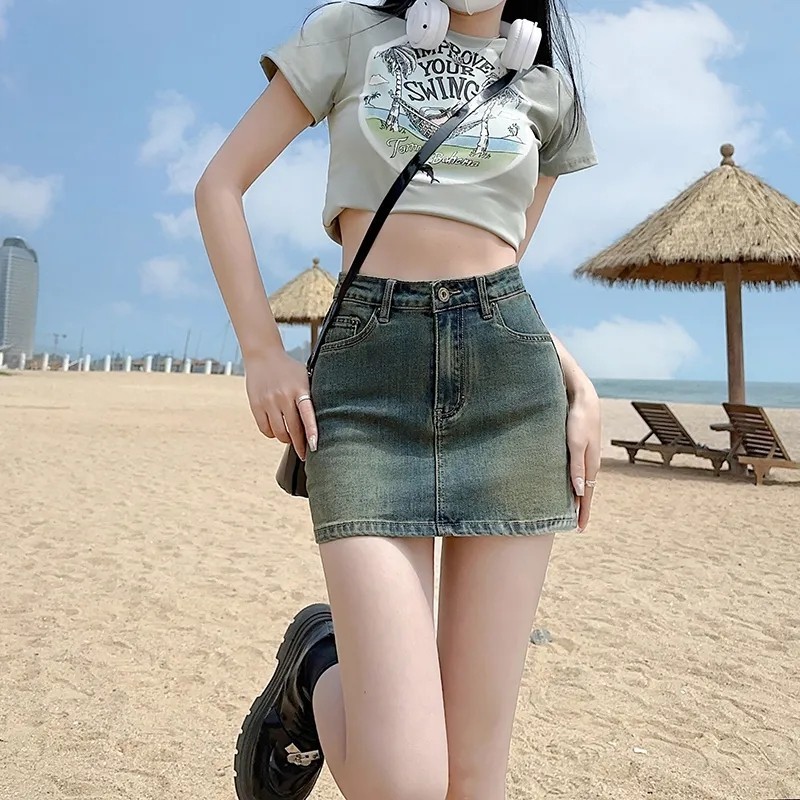 韩版复古辣妹牛仔半身裙女夏季显瘦a字防走光薄款包臀网红短裙裤