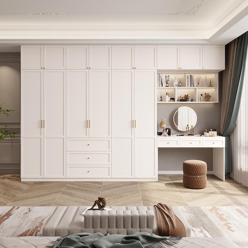 法式轻奢衣柜化妆桌一体组合靠墙家用卧室书桌书架小户型衣橱定制