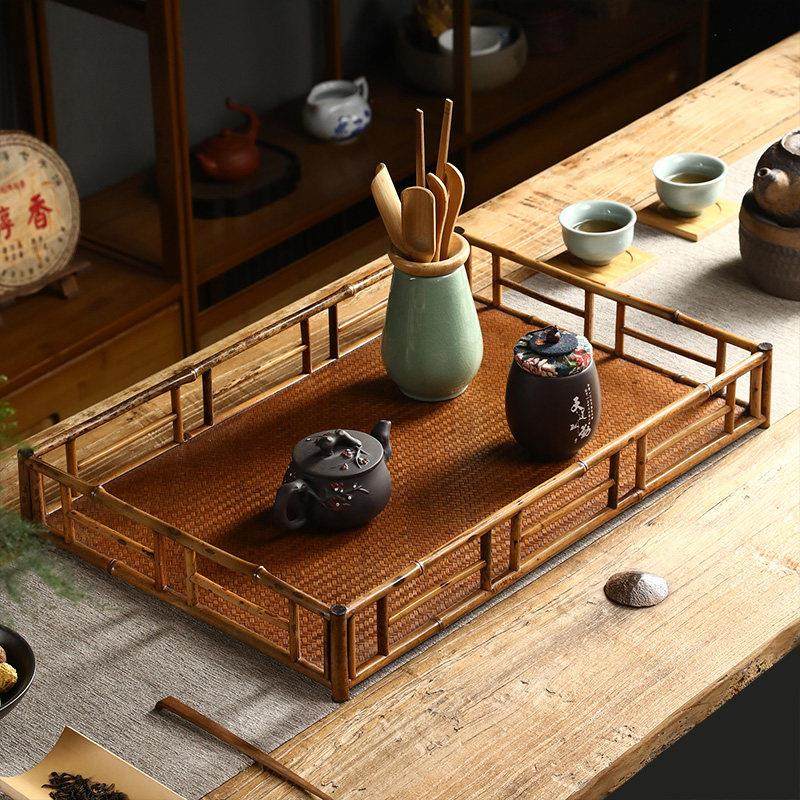 梅鹿竹大漆茶具围栏收纳茶托盘奉茶盘单层中式小号方形干泡复古风