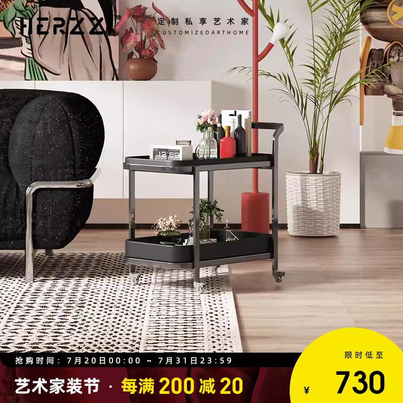 HERZZI不锈钢餐车家用沙发可移动边几极简小推车小茶车双层钛灰色