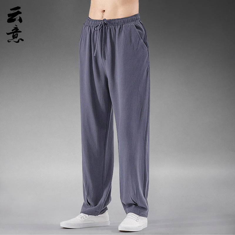 新品中国风男装亚麻裤男裤子直筒宽松哈伦裤棉麻休闲裤大码长裤夏