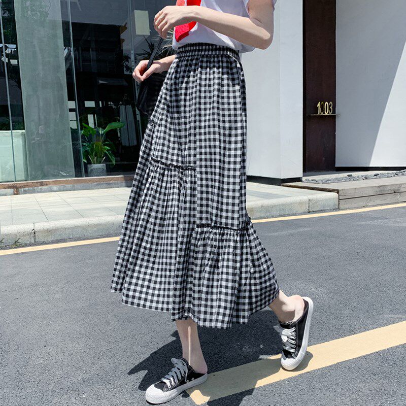 速发新款高腰半身裙20棉5春款装复古2麻格子裙中长夏垂感a字裙