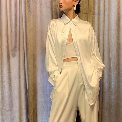 速发WYZ花装绸F时尚衬衣B缎风宽松时尚飘逸中性潮流纹韩版