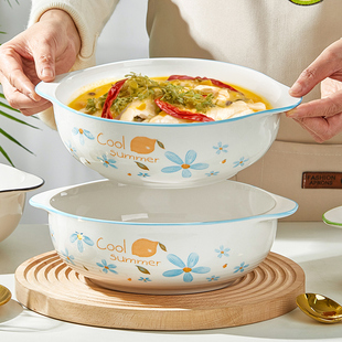 速发汤碗家用2025新款陶炉10寸大号双耳汤碗大容量微波汤盛瓷碗韩