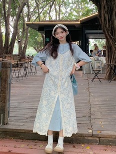 衬衫 长款 连衣裙 短袖 甜美蕾丝吊带叠穿连衣裙