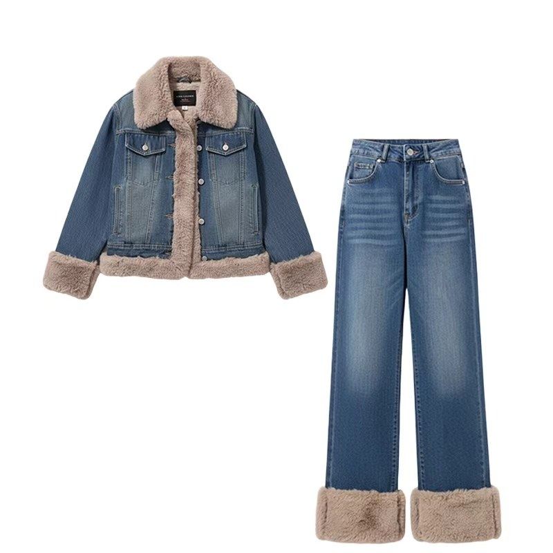 2025秋冬新款韩版女设计感小众宽松高级感小香风牛仔外套两件套装