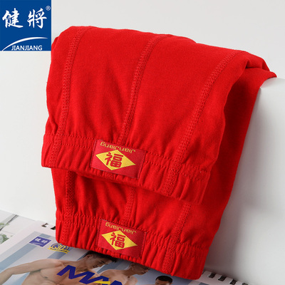 健将男士平角内裤100%纯棉大红色