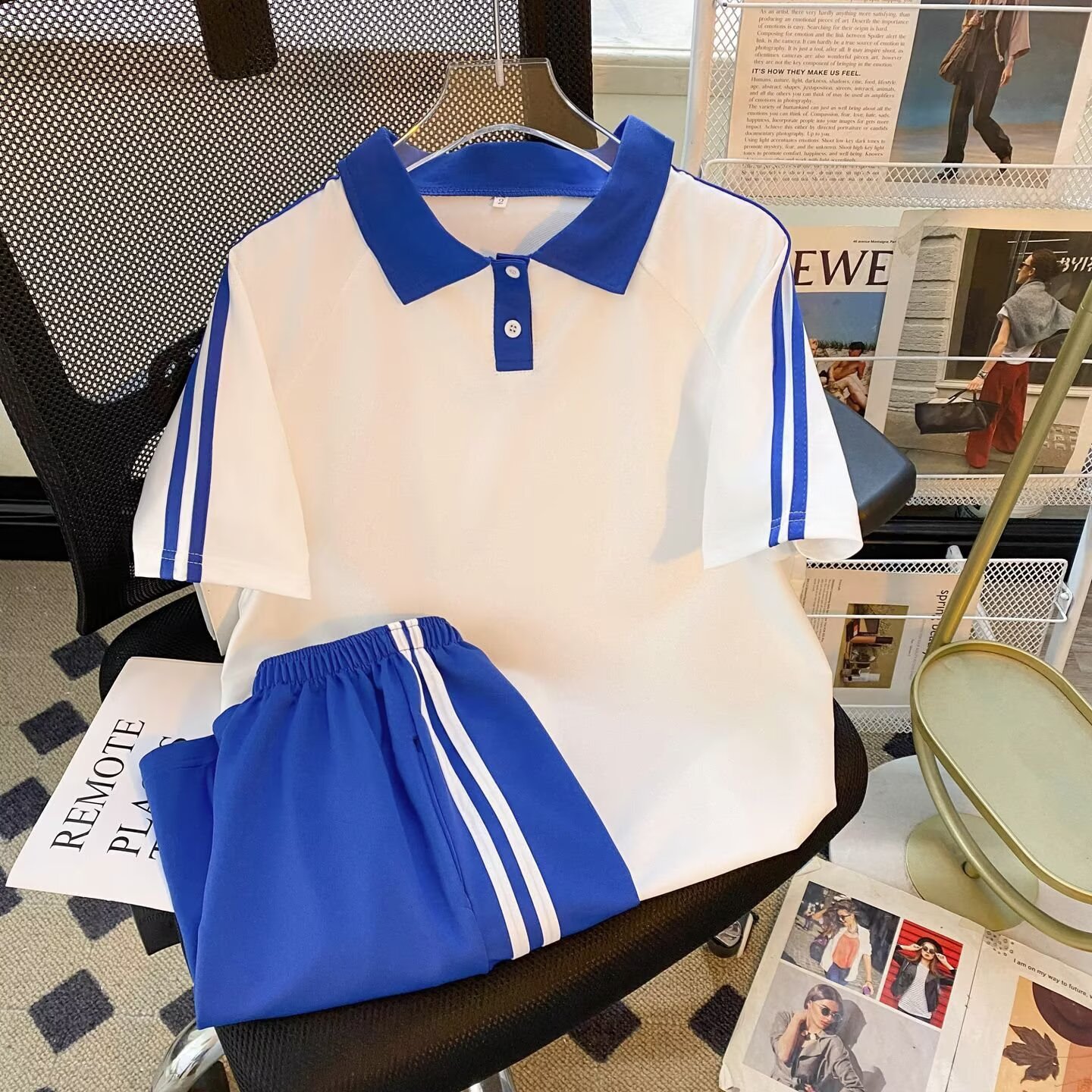 男女夏季运动风蓝白校服短袖套装初高中学生运动服薄款透气长裤子图片