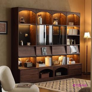 北美黑胡桃木猫爬书柜北欧全实木樱桃木带卡座置物架现代简约书架