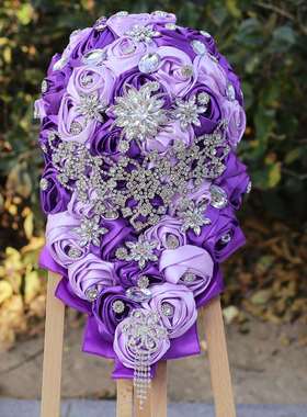瀑布流苏紫色新娘手捧花水晶仿真结婚教堂婚庆用品PB115C