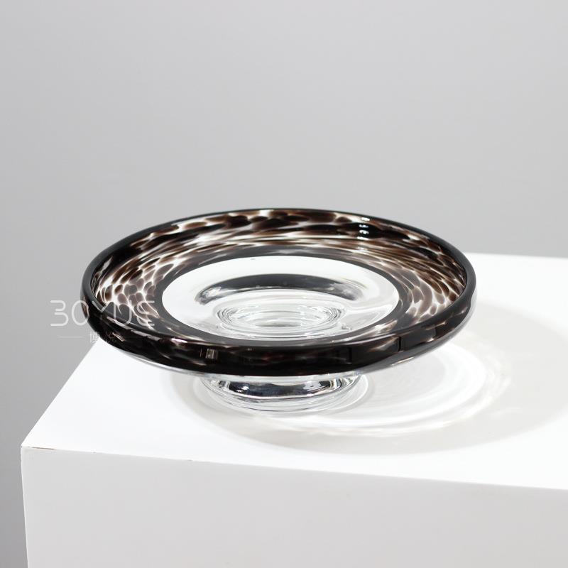 豹纹高脚玻璃果盘高级灰色现代极简风样板间客厅玄关茶几装饰摆件