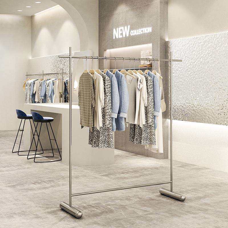 服装店展示架落地式不锈钢拉丝挂衣架简约男女童装店中岛陈列货架