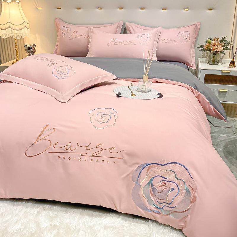 亲肤棉磨毛四件套轻奢刺绣磨毛床单款四件套纯色床上用品