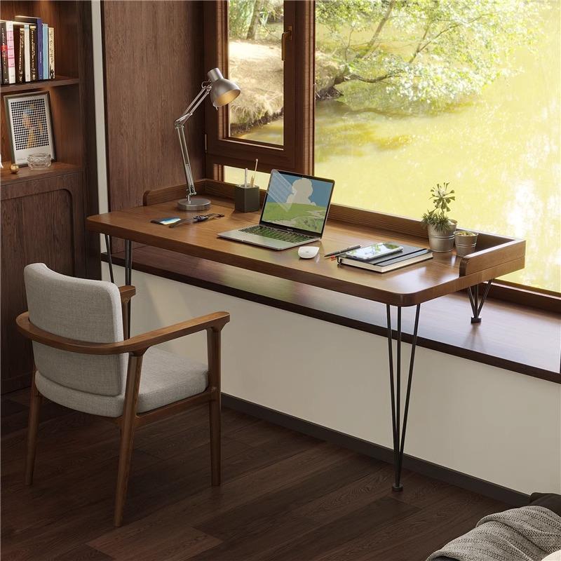 全实木飘窗书桌家用长条电脑桌卧室儿童学生写字桌高低腿办公桌子