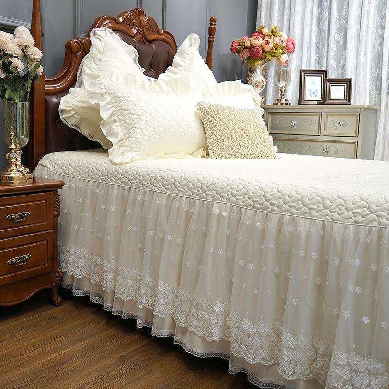 EQ4F轻奢床单床裙款单件纯棉床罩防尘白色公主风蕾丝加厚欧式