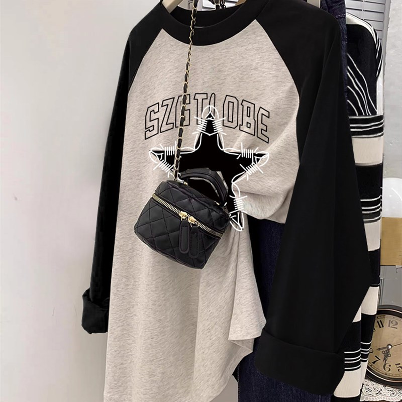 速发s式长袖T恤over美ize大码复古插肩袖上衣宽松闺蜜装内搭