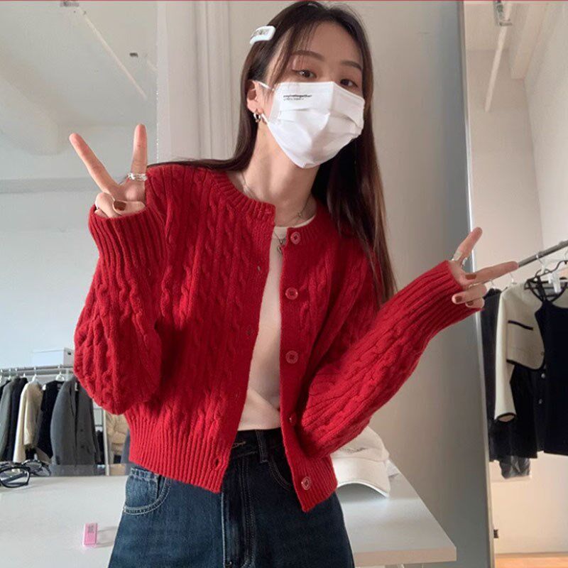 速发开古短款麻命毛衣外套春秋本花年氛围感小个子红色针织复衫上