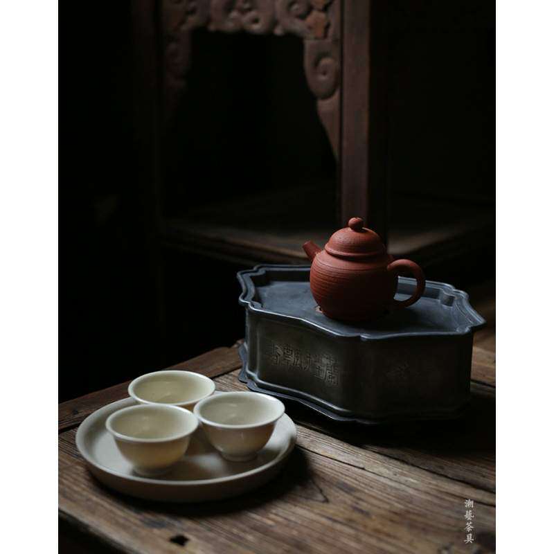 潮阳纯锡茶盘古锡壶承工夫茶盘 鼓型 茶船茶海茶承铜建水壶托