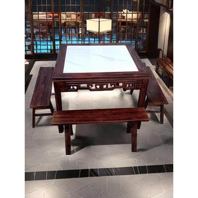 实木石板方桌，老式雕花八仙桌，古色古香家宴农家乐面馆商业桌凳