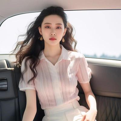 粉色短袖衬衫女夏季2025新款法式气质高级感小香风针织polo衫上衣