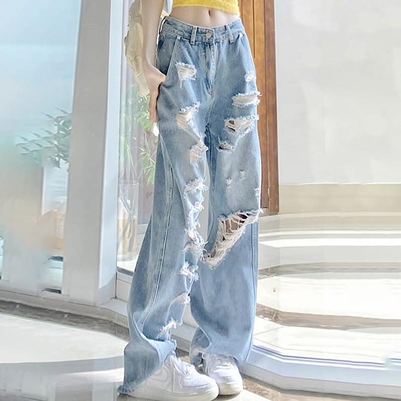 潮牌美式低腰破洞牛仔裤女夏季宽松直筒拖地裤辣妹高街阔腿乞丐裤