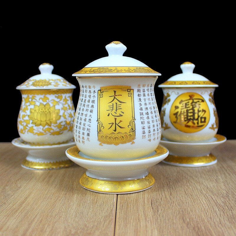 土地公水杯财神爷杯大号招财进宝双龙关公杯白陶瓷高脚茶杯净水杯