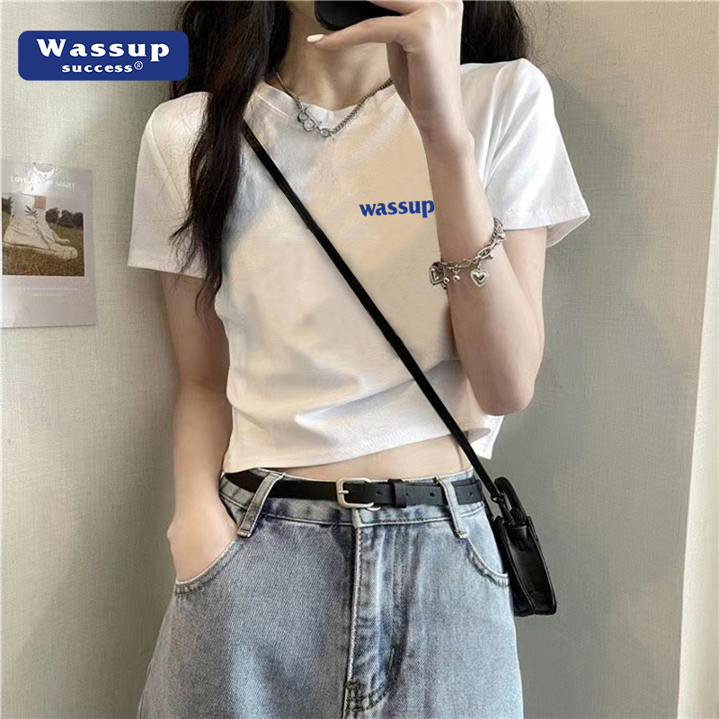 wassup短袖t恤女2025新款夏装白色显瘦辣妹短款修身露脐纯棉上衣