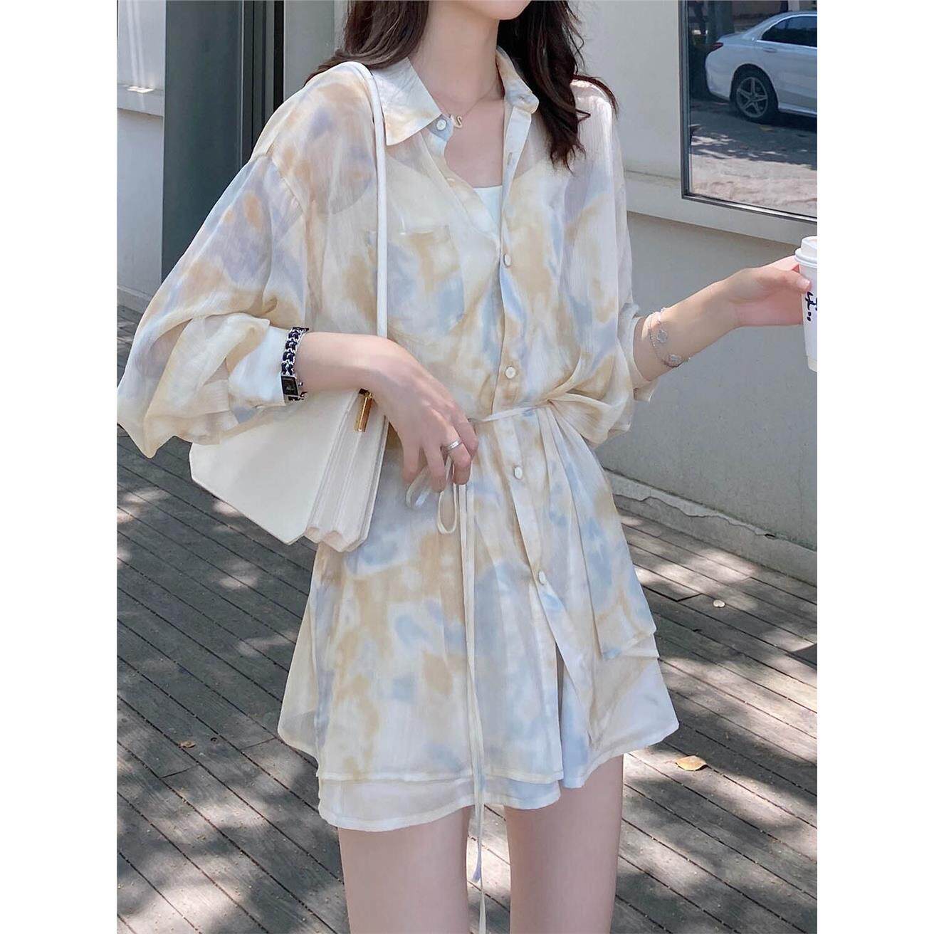 海边度假雪纺洋派夏季洋装衬衫小个子设计感小众两件式套装女夏天