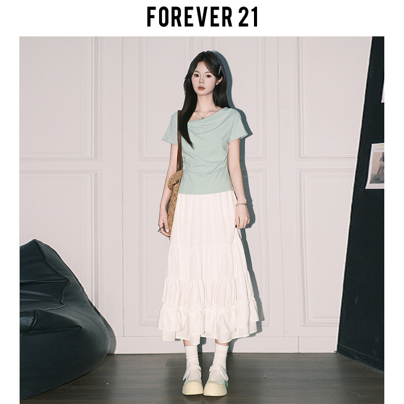 Forever21韩系温柔白色A字雪纺半身裙女春季高腰垂感大摆蛋糕长裙