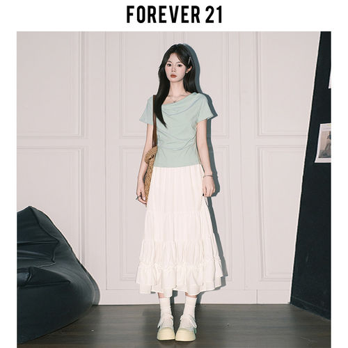 Forever21韩系温柔白色A字雪纺半身裙女春季高腰垂感大摆蛋糕长裙