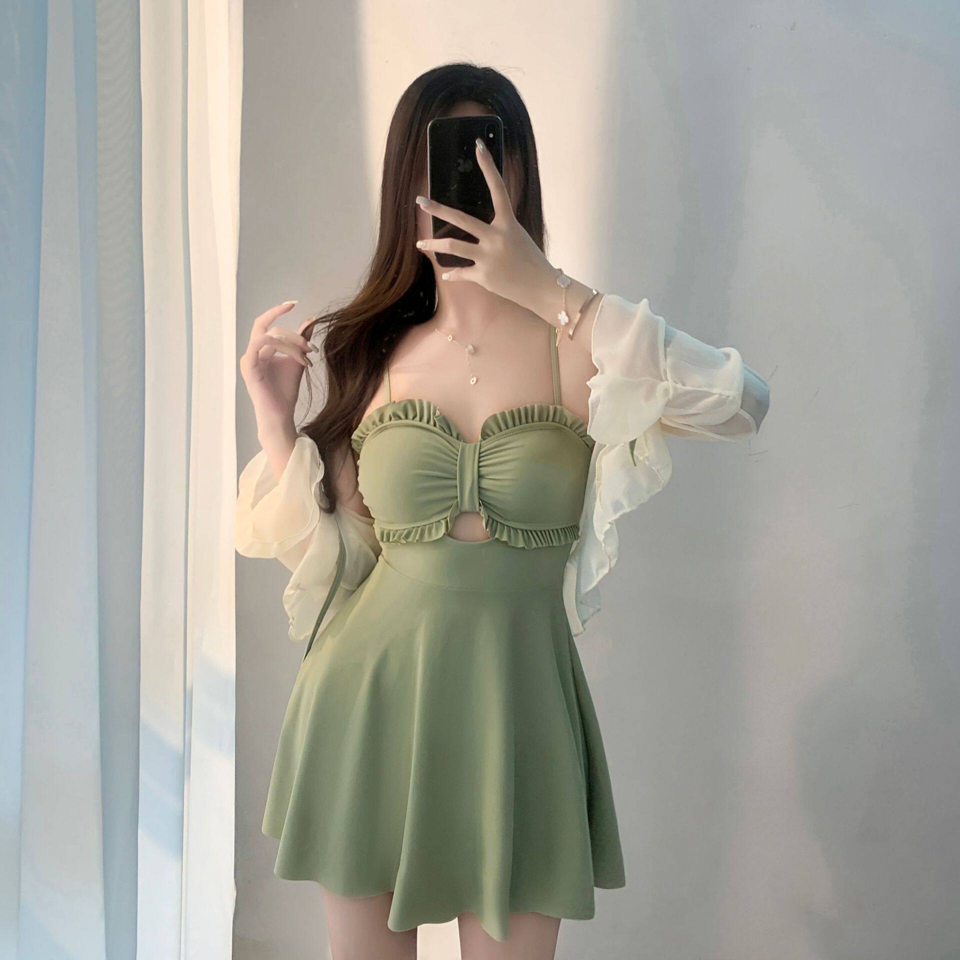 泳衣女仙女范连体裙式保守小胸聚连体泳衣