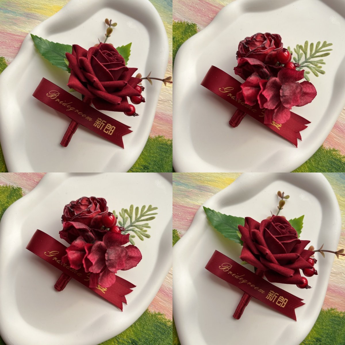 新中式红色婚礼配饰仿真花永生花假花胸花父亲母亲亲友宾客易保存