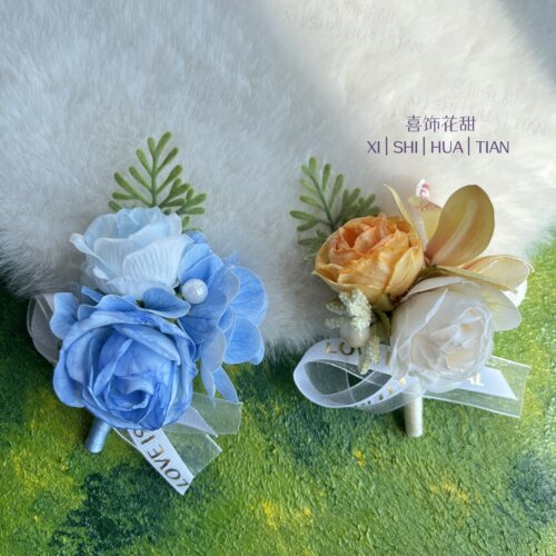 小众原创蓝色珍珠链婚礼胸花