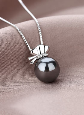 S925银贝珠香囊项链珍品黑贝珠坠