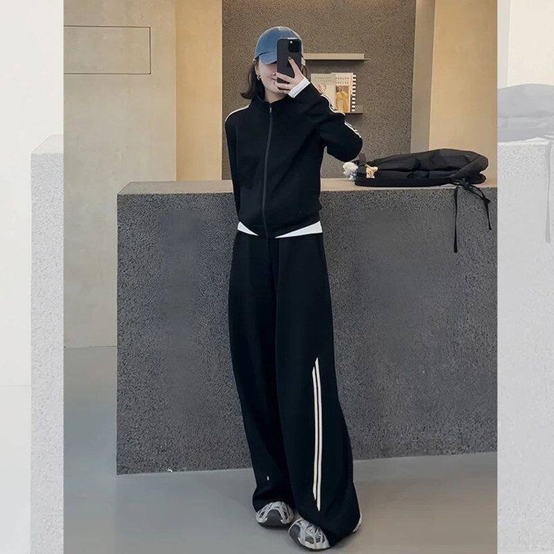 独特漂亮冬季一整套穿搭高级感韩系chic黑色休闲运动两件套装裤女