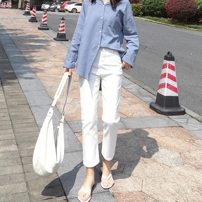 白色夏季薄款直筒烟管牛仔裤女