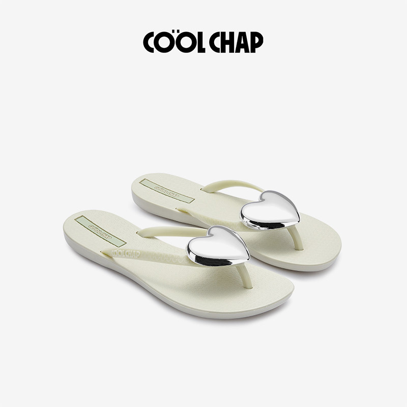 COOLCHAP26新款绿色嘭嘭爱心夏季人字拖海边沙滩度假防滑夹脚拖鞋