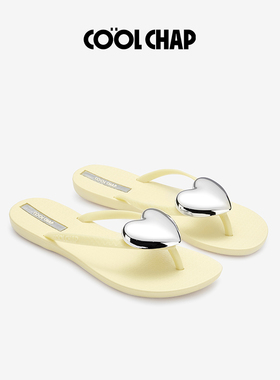 COOLCHAP26新款黄色嘭嘭爱心夏季人字拖海边沙滩度假防滑夹脚拖鞋