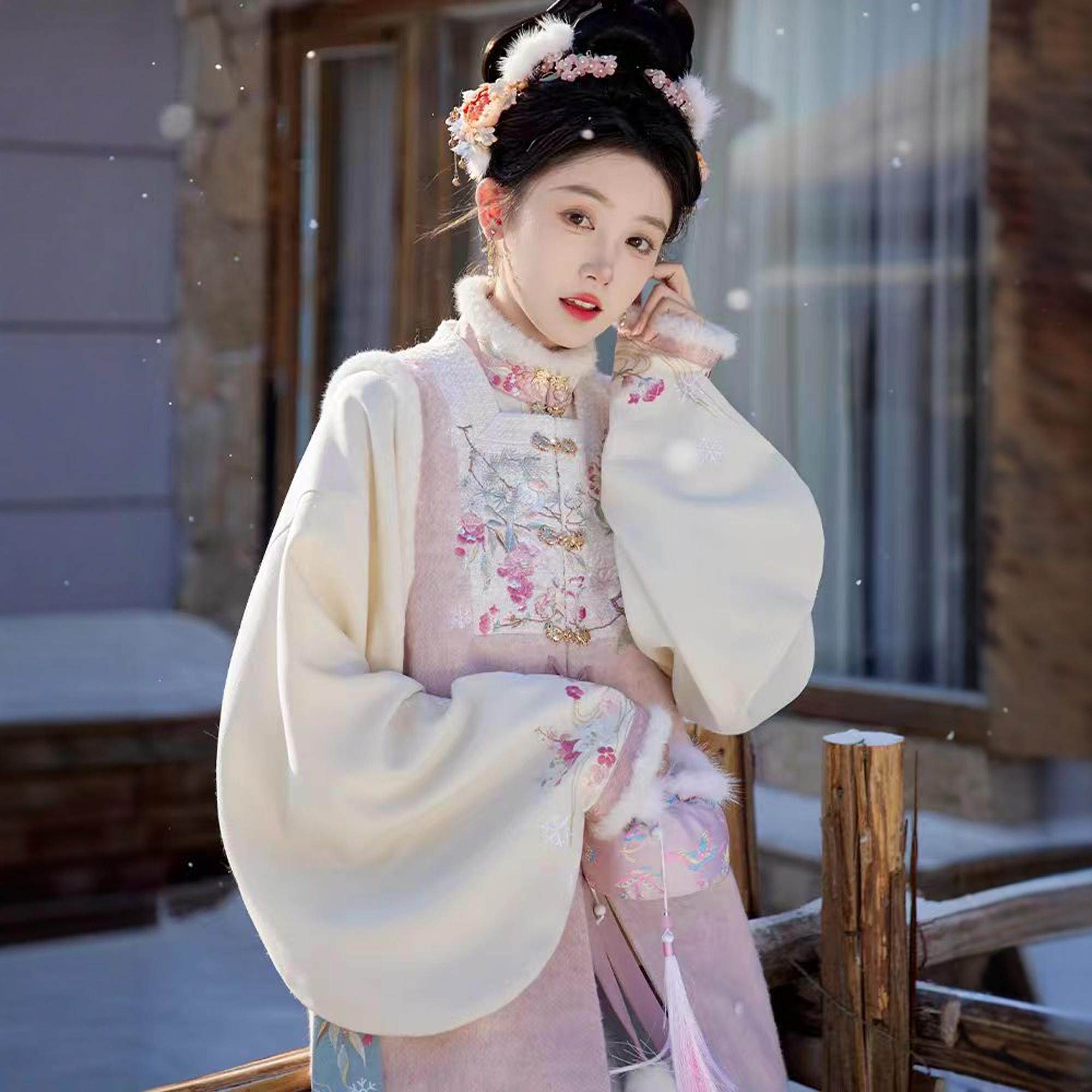 原创汉服女【七月夕-松山煮雪】明制长比甲立圆领短衫套装冬季款