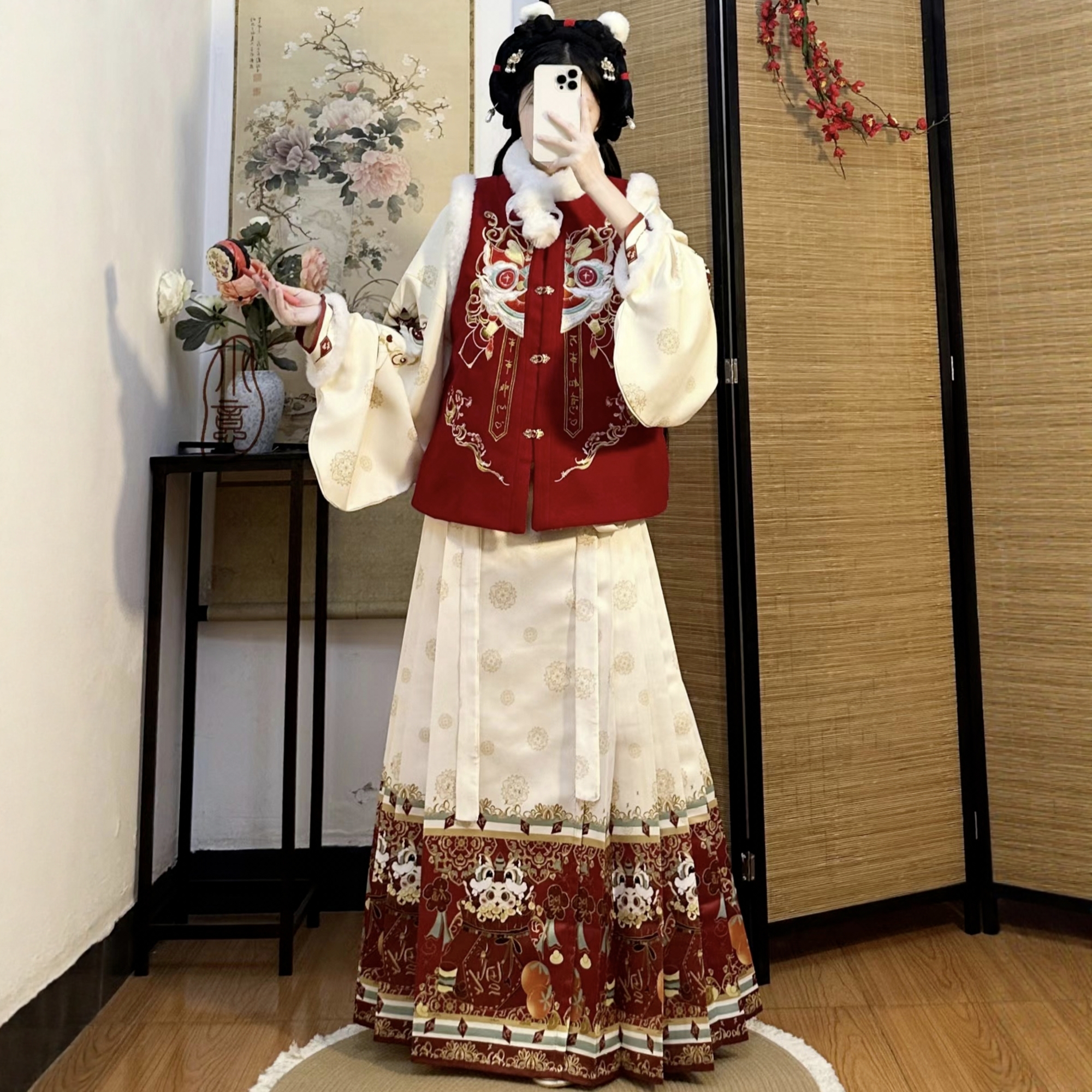 原创汉服女【狮柿如意】明制加绒加厚比甲马面裙拜年服套装冬季款