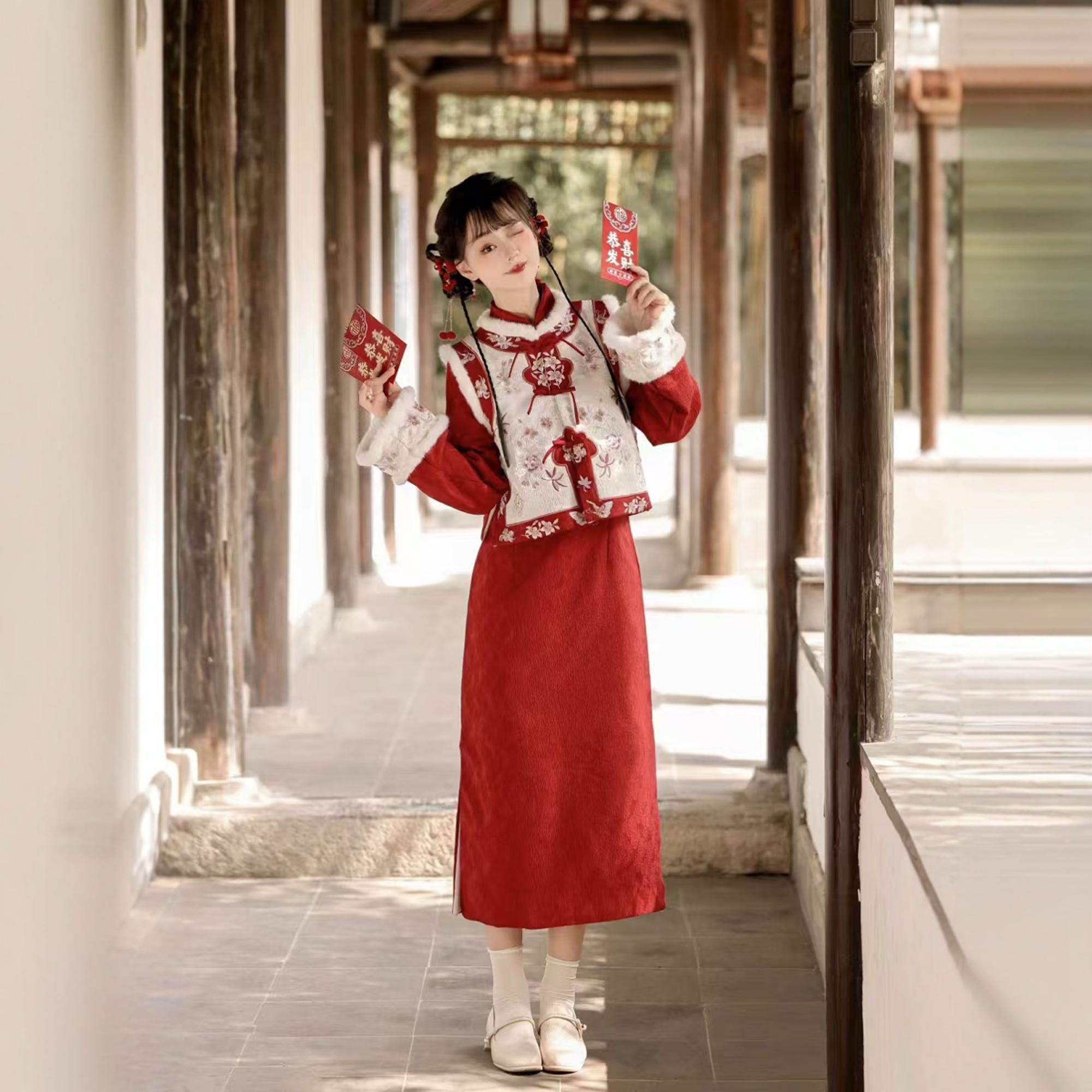 原创汉服女【青子衿】国风新中式加绒马甲旗袍拜年服新年战袍冬款