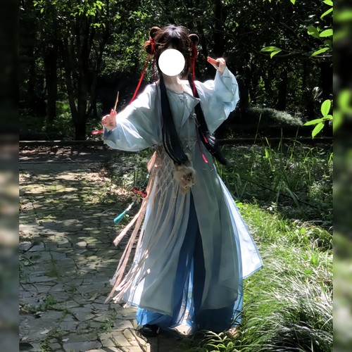 原创汉服女【清雨】唐制蓝色圆领长袍灯笼裤轻薄宽松日常套装夏款