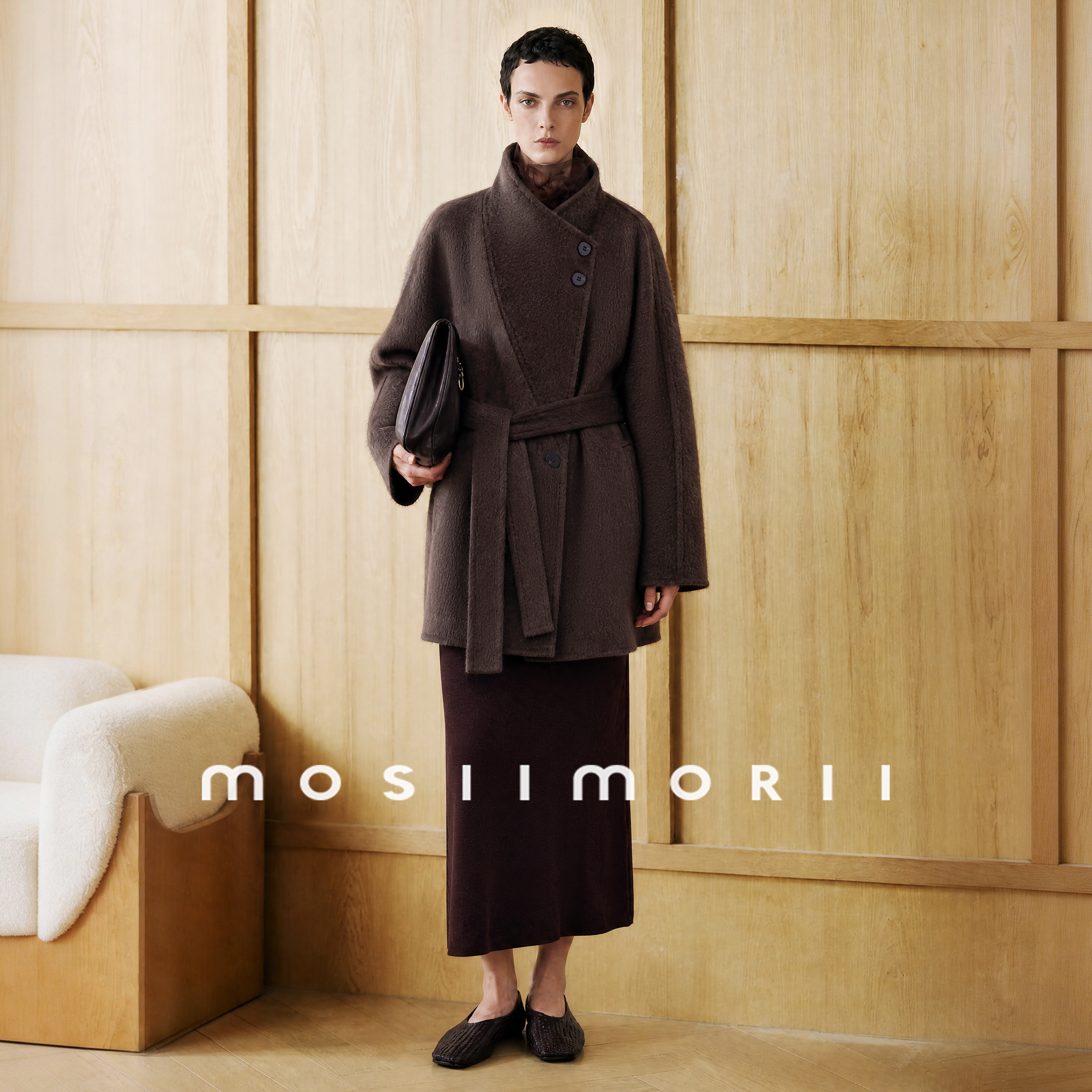 MOSIIMORII【布兰诗】秋冬绵羊毛大衣女马海毛立领短款双面呢外套