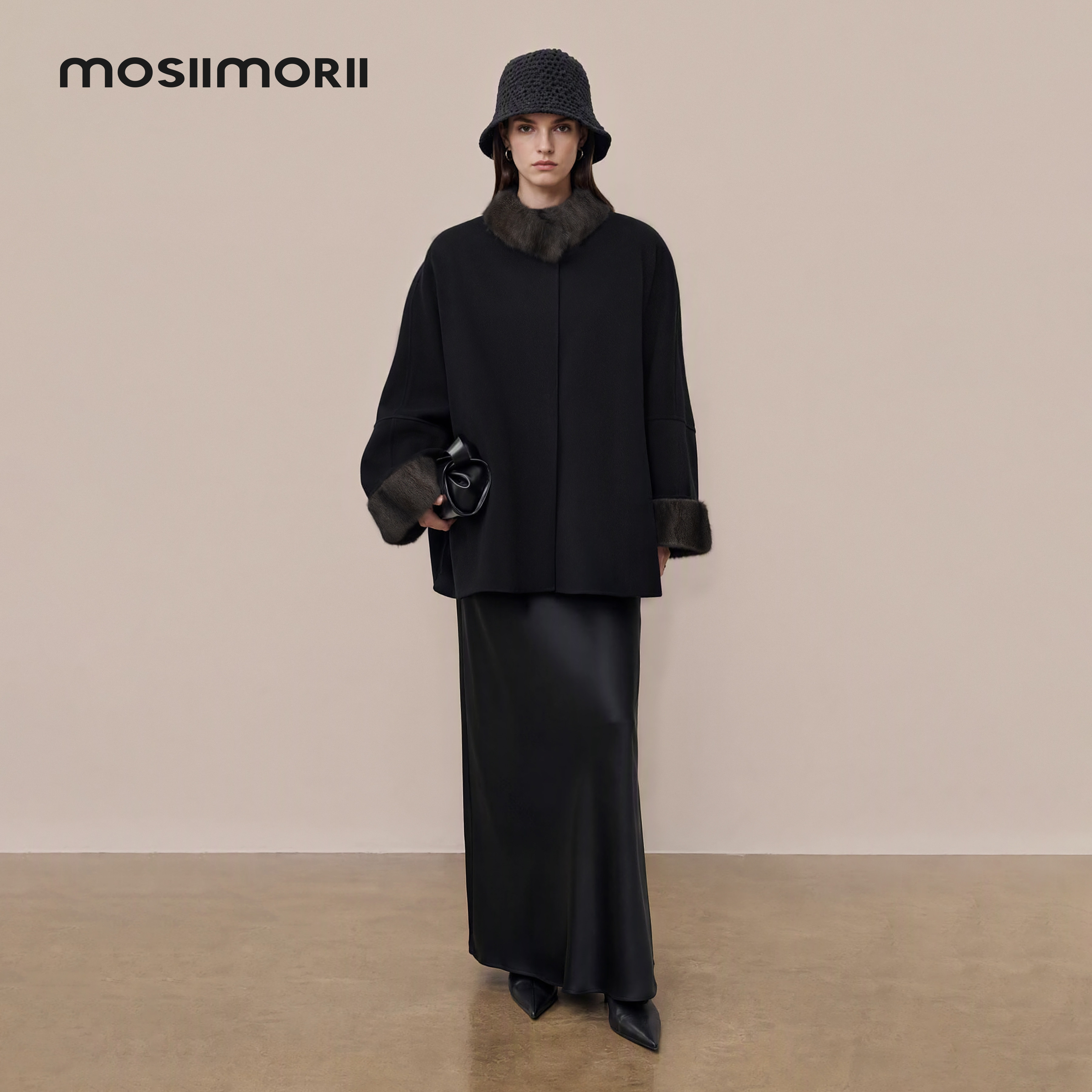 MOSIIMORII【极地银松】100%绵羊毛大衣女轻奢极地松鼠毛领短外套