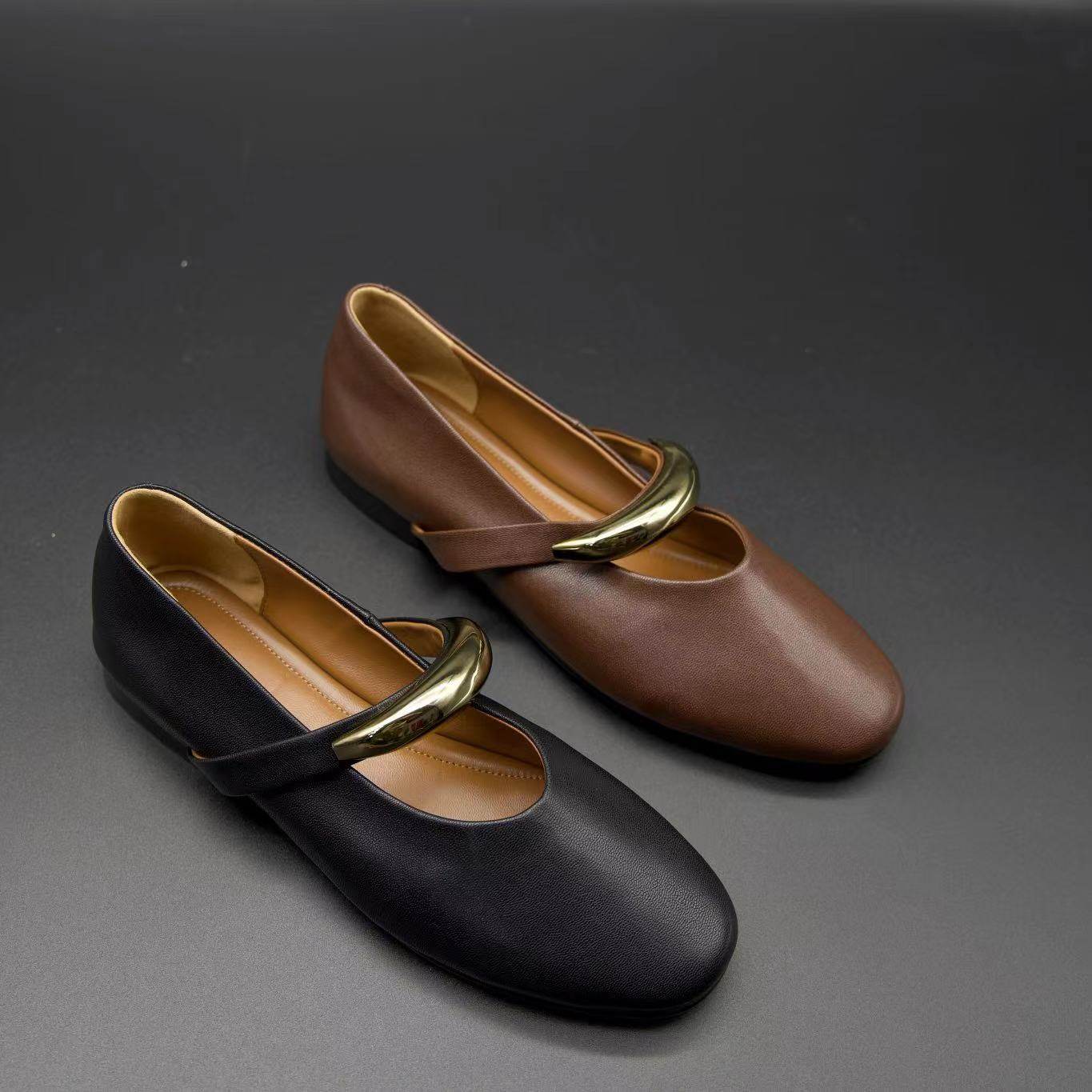 法式复古气质单鞋女金属春秋新款软皮百搭玛丽珍鞋浅口奶奶芭蕾鞋