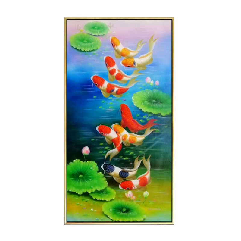 新中式手绘玄关油画走廊过道挂画牡丹花九鱼图竖版装饰画别墅壁画图片