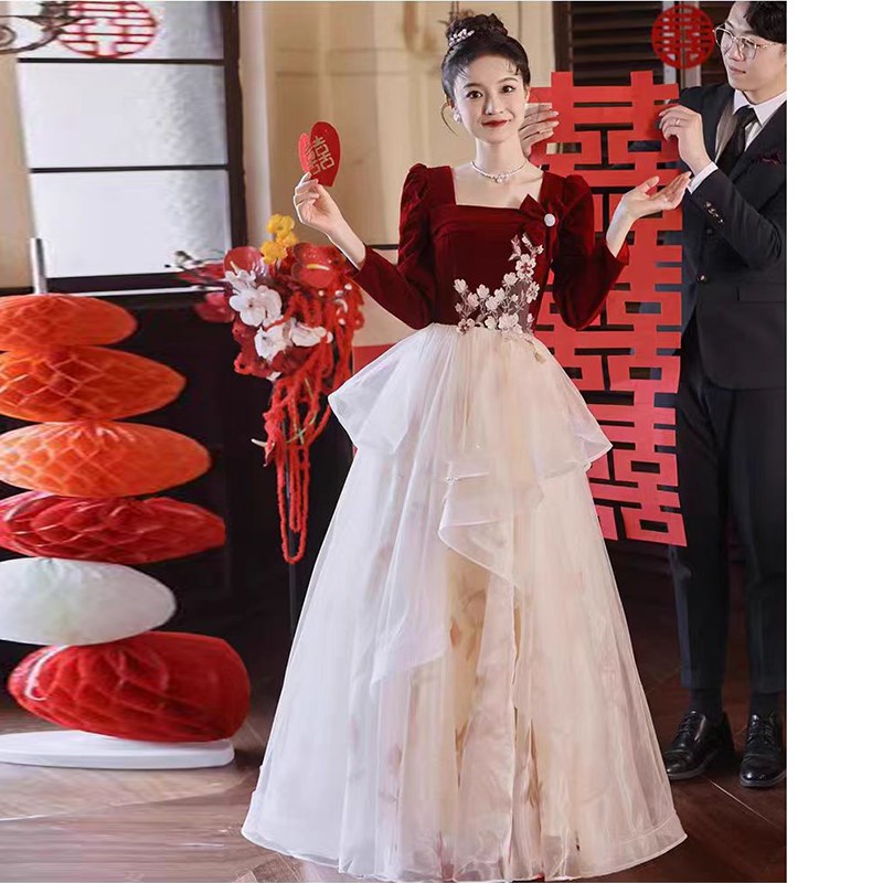 速发高级感大码孕妇法式敬酒服新娘高腰遮肚子结婚订婚宴礼服裙