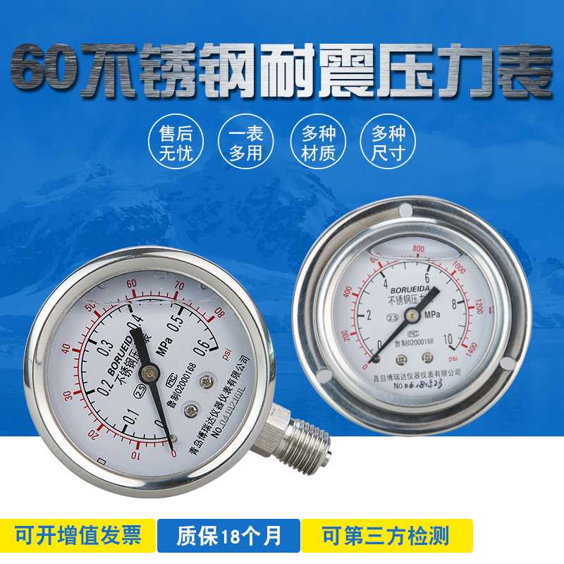 现货速发不锈钢压力表Y60全04不锈钢1.6MPa高精度耐腐蚀氨气耐震