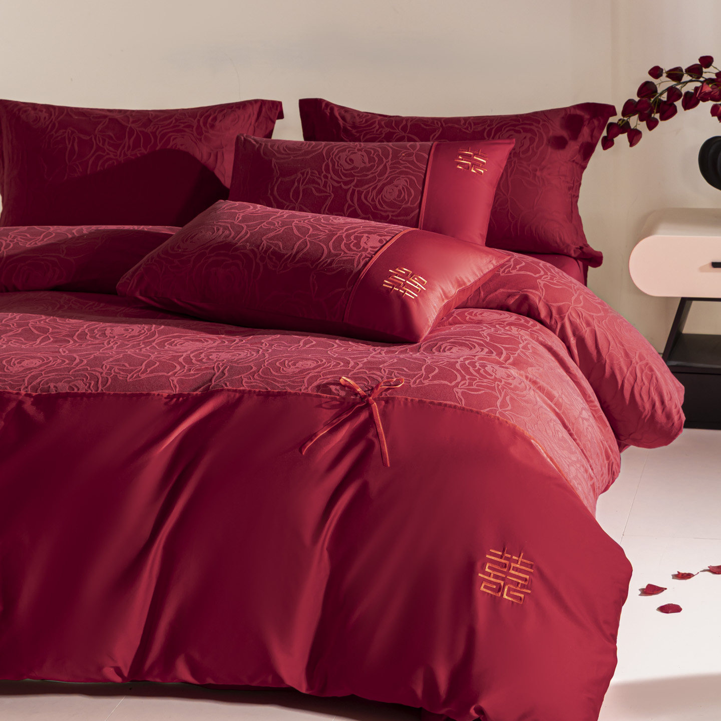 提花100S长绒棉婚庆四件套婚房红色全棉纯棉被套床单新婚床上用品