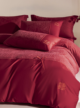 提花100S长绒棉婚庆四件套婚房红色全棉纯棉被套床单新婚床上用品
